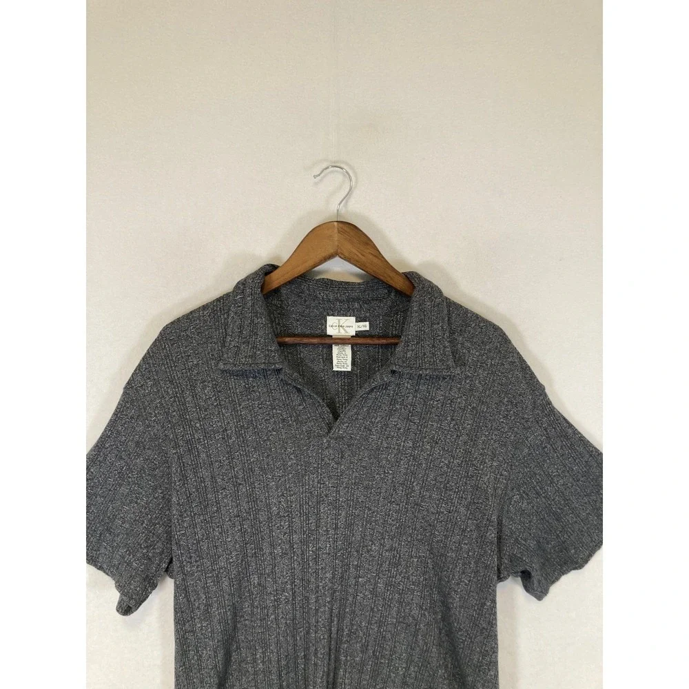 90s Aesthetic Calvin Klein Jeans Men XL Gray Ribbed Knit Short Sleeve Polo Shirt